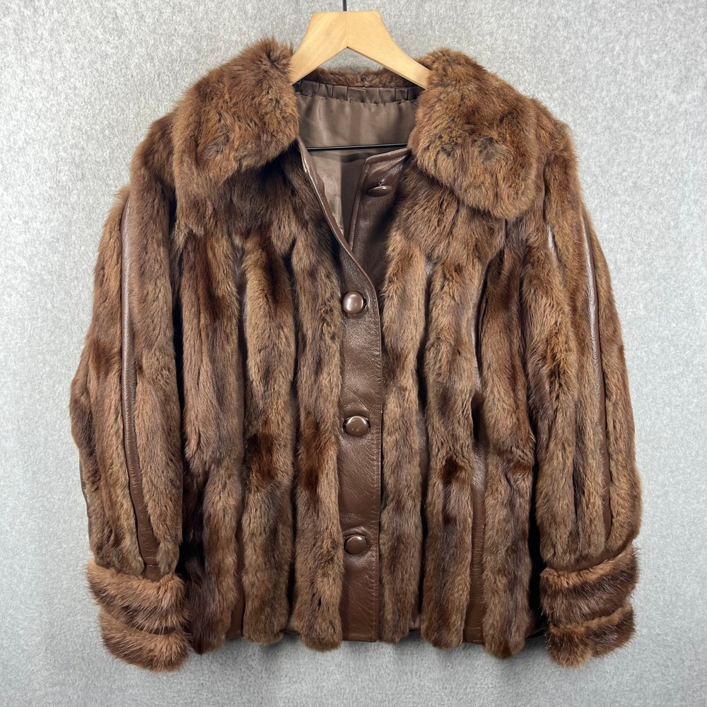 Vintage Real Fur Leather Jacket Women L Brown Striped Panel Button Front EUC